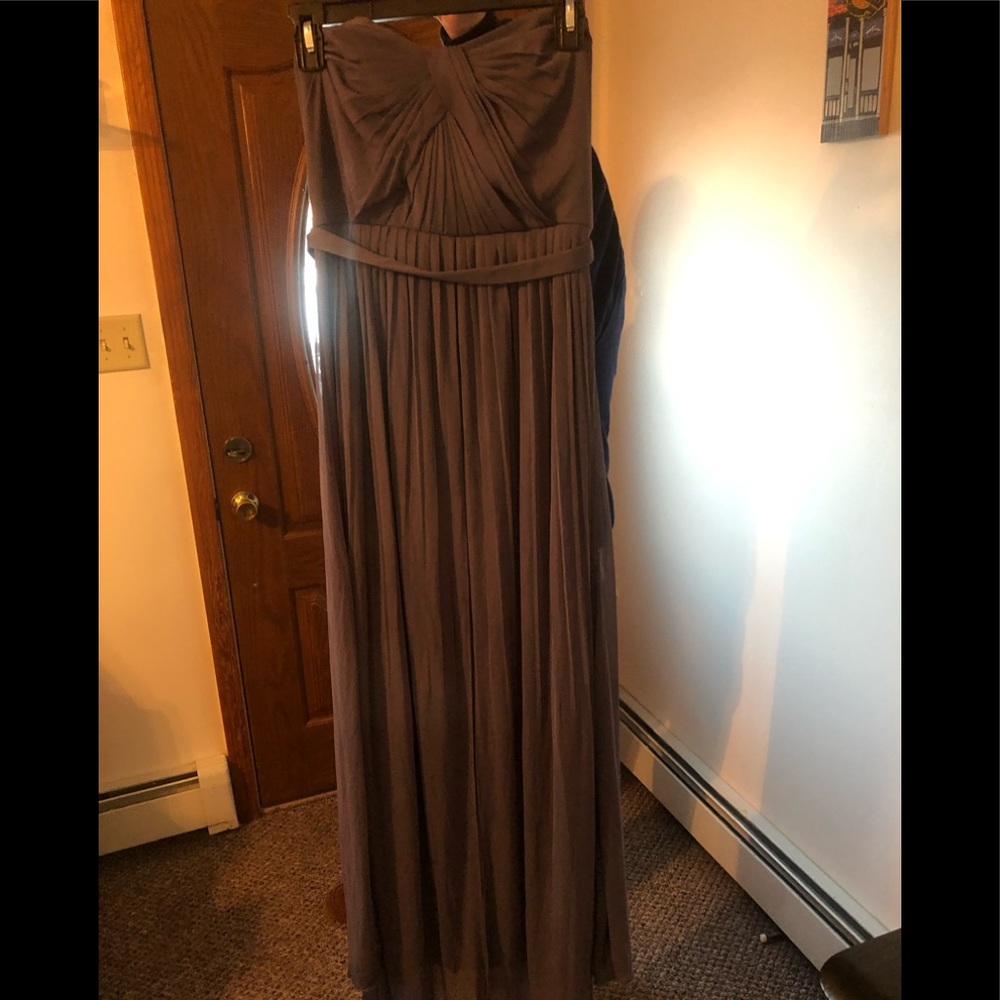 David’s Bridal, grey strapless floor length dress